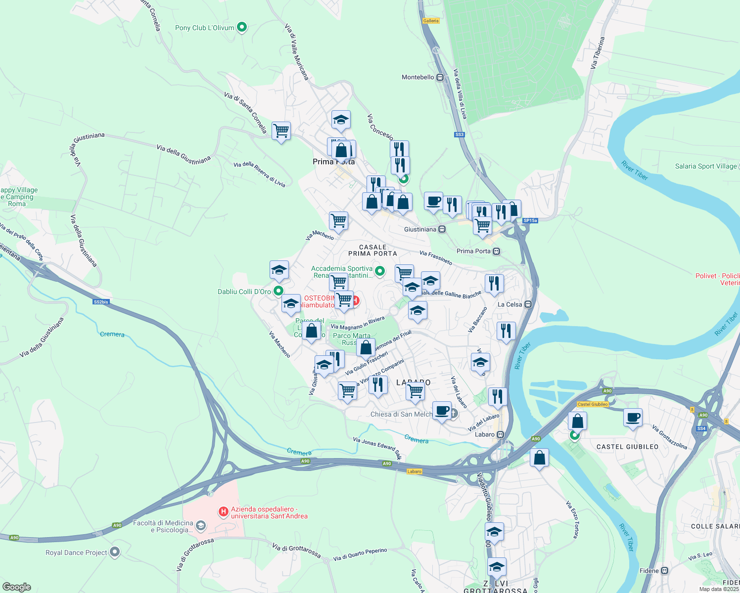 map of restaurants, bars, coffee shops, grocery stores, and more near 21 Via Treviolo in Roma