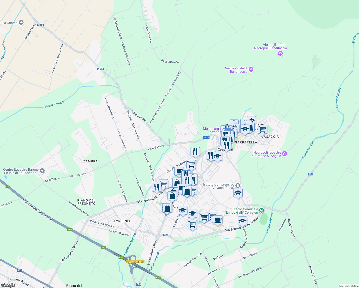map of restaurants, bars, coffee shops, grocery stores, and more near 7 Via del Sasso in Cerveteri