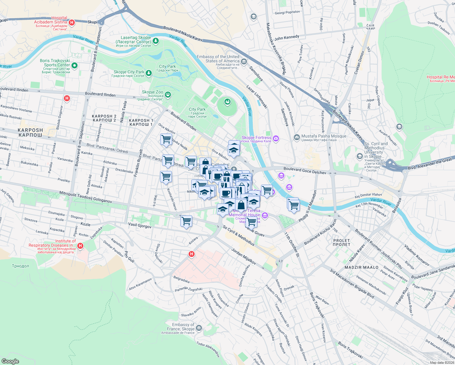 map of restaurants, bars, coffee shops, grocery stores, and more near Bulevar Partizanski Odredi in Skopje