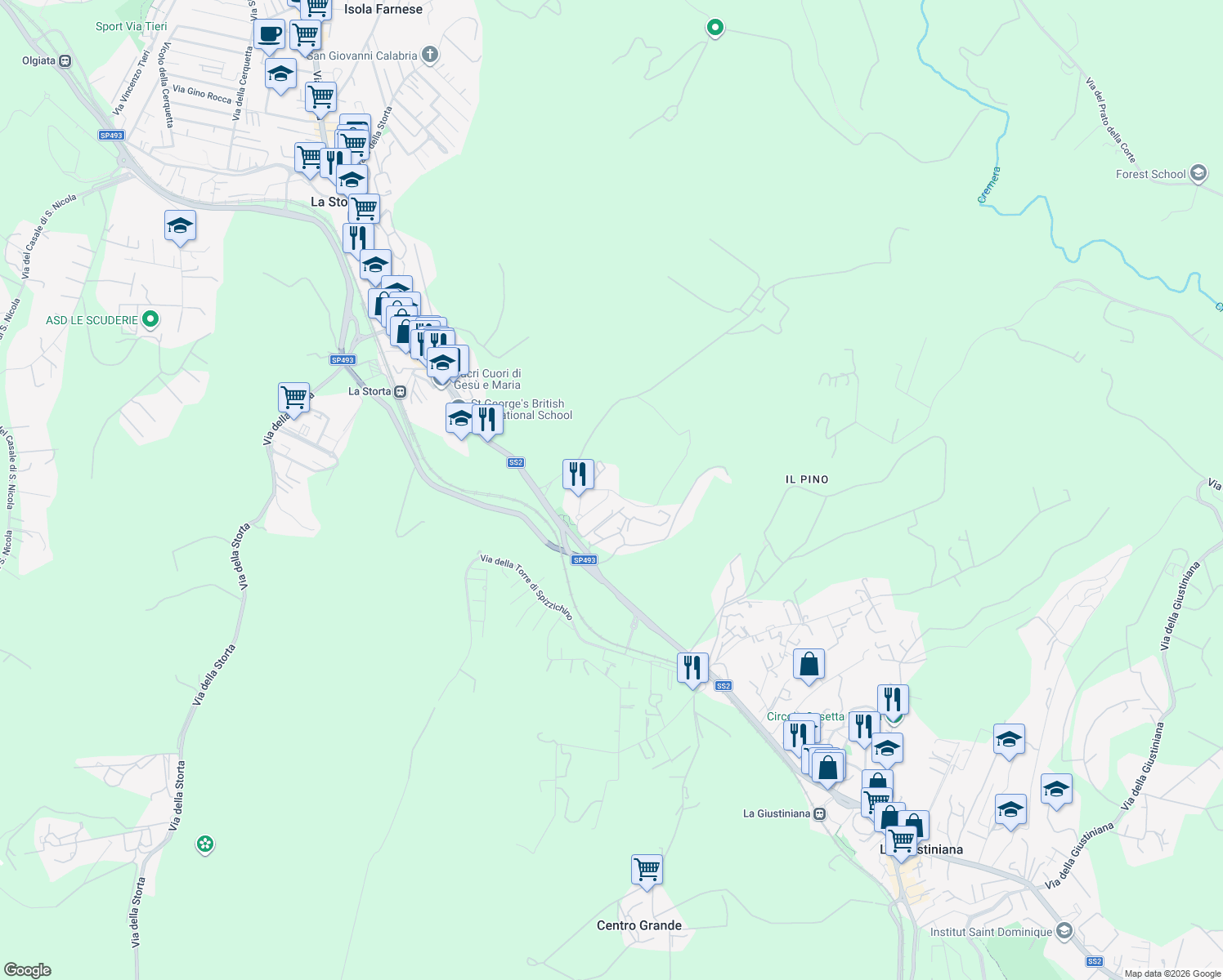 map of restaurants, bars, coffee shops, grocery stores, and more near 86 Via Domenico Falcioni in Roma