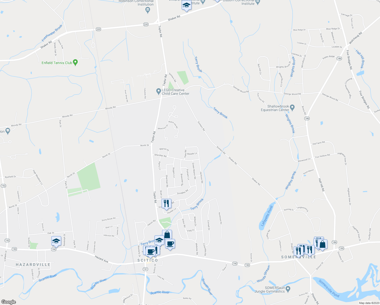 map of restaurants, bars, coffee shops, grocery stores, and more near 15 Meade Lane in Enfield