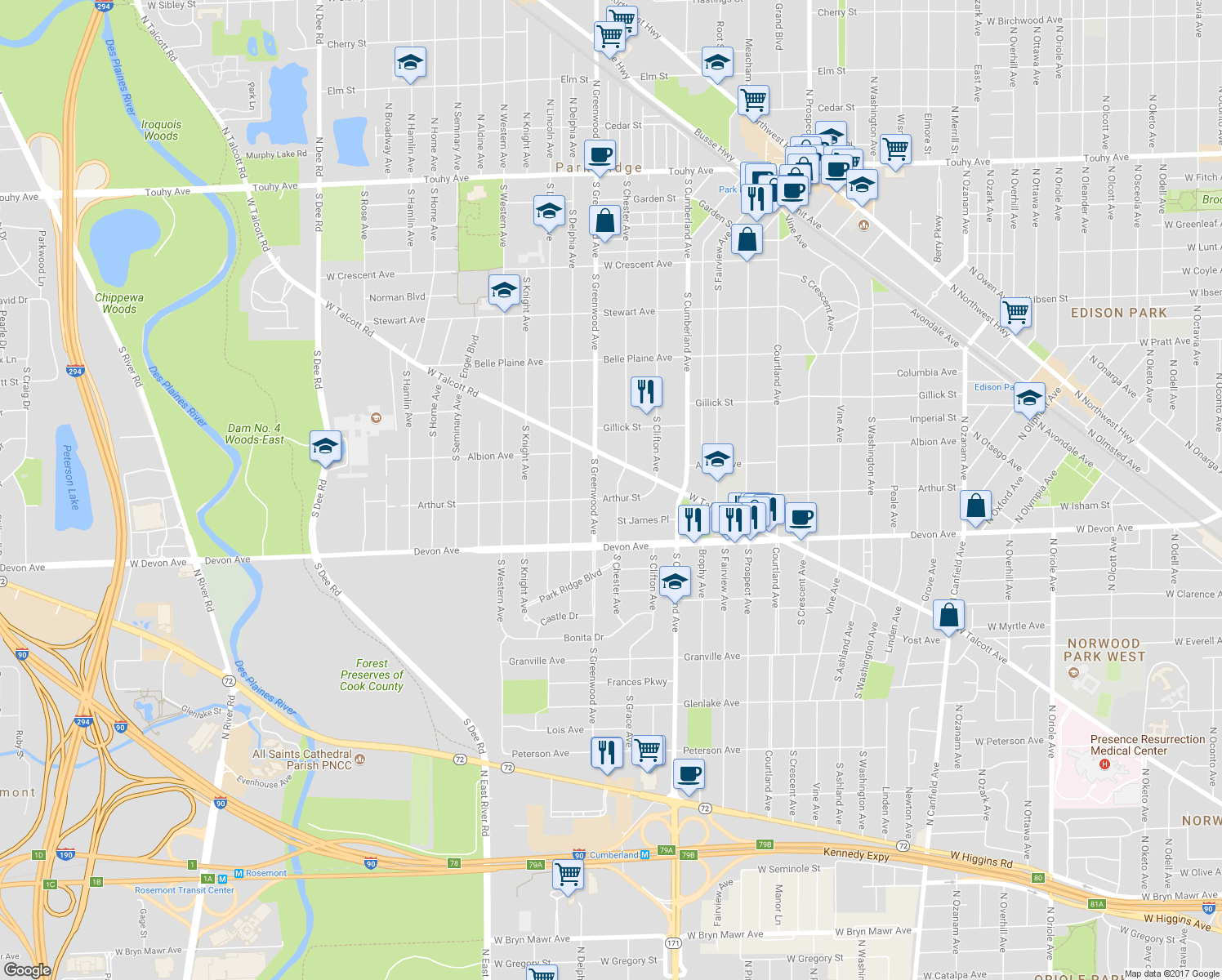 map of restaurants, bars, coffee shops, grocery stores, and more near 1010 South Chester Avenue in Park Ridge