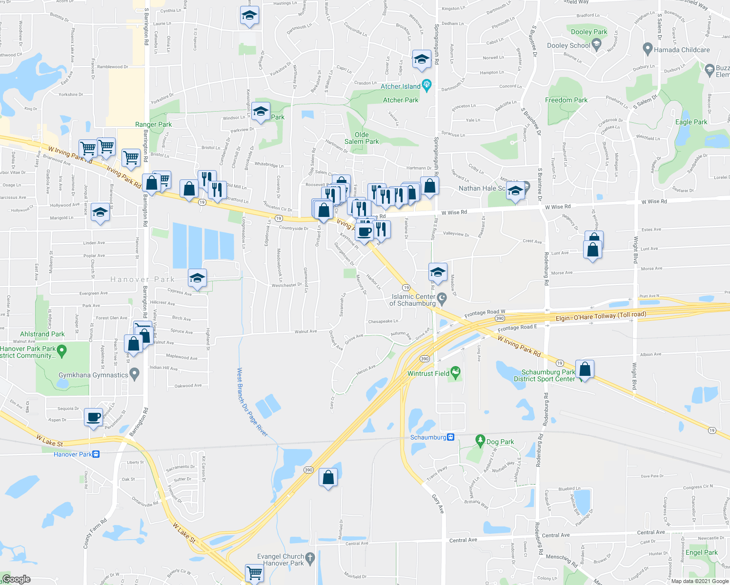 map of restaurants, bars, coffee shops, grocery stores, and more near 1463 Mercury Drive in Schaumburg