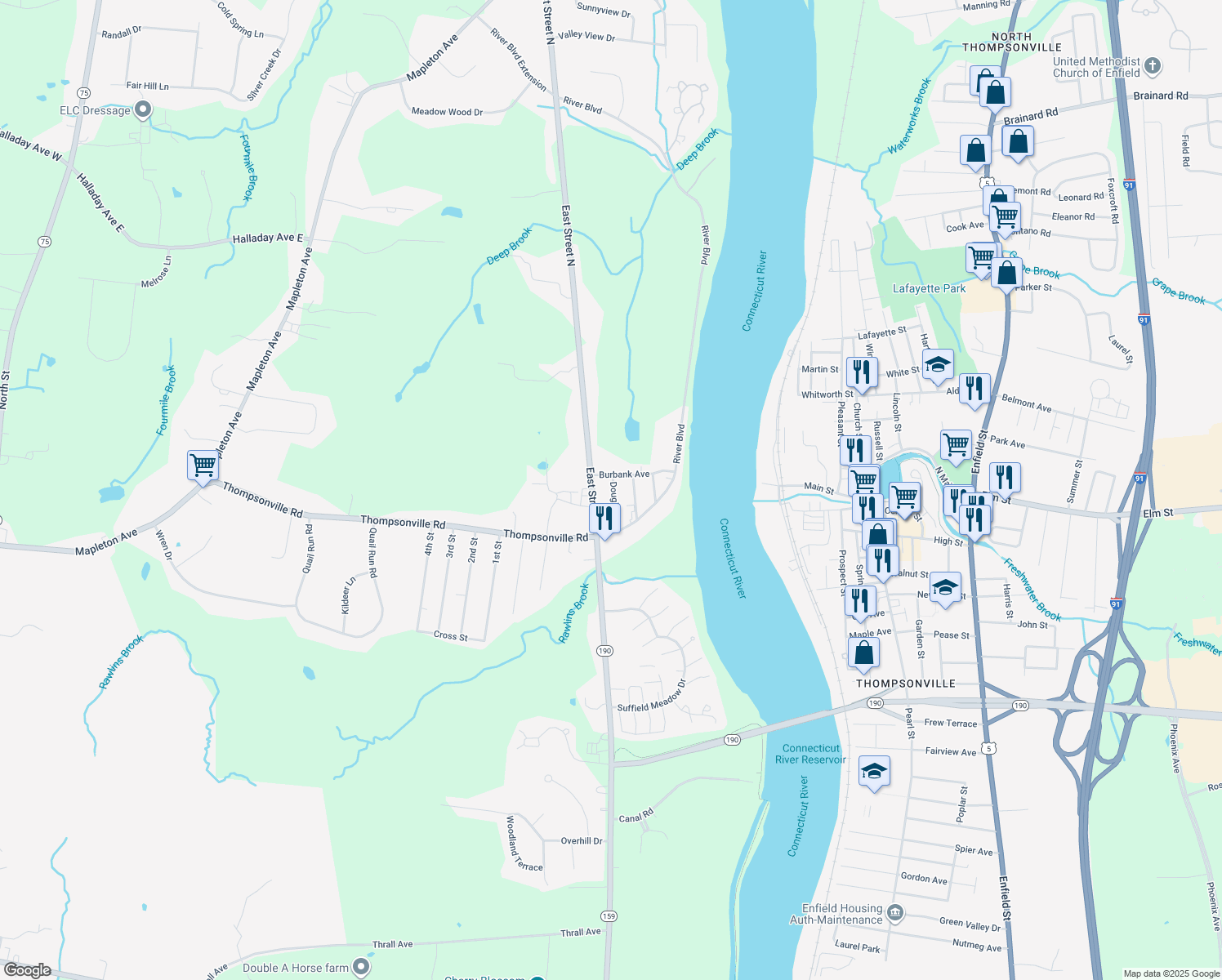 map of restaurants, bars, coffee shops, grocery stores, and more near 55 Douglas St in Suffield