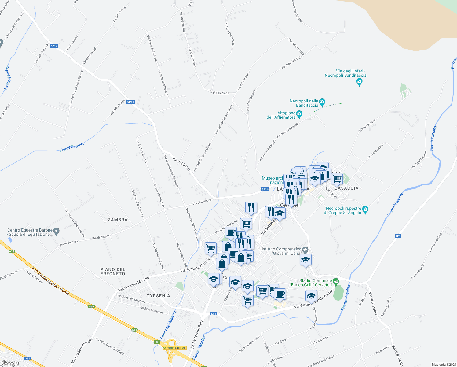 map of restaurants, bars, coffee shops, grocery stores, and more near 7 Via del Sasso in Cerveteri
