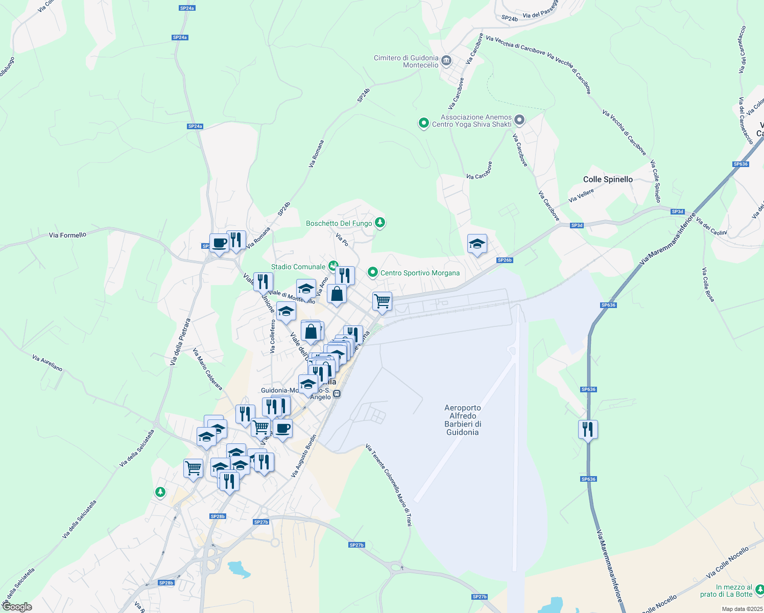 map of restaurants, bars, coffee shops, grocery stores, and more near 109 Viale Roma in Guidonia Montecelio