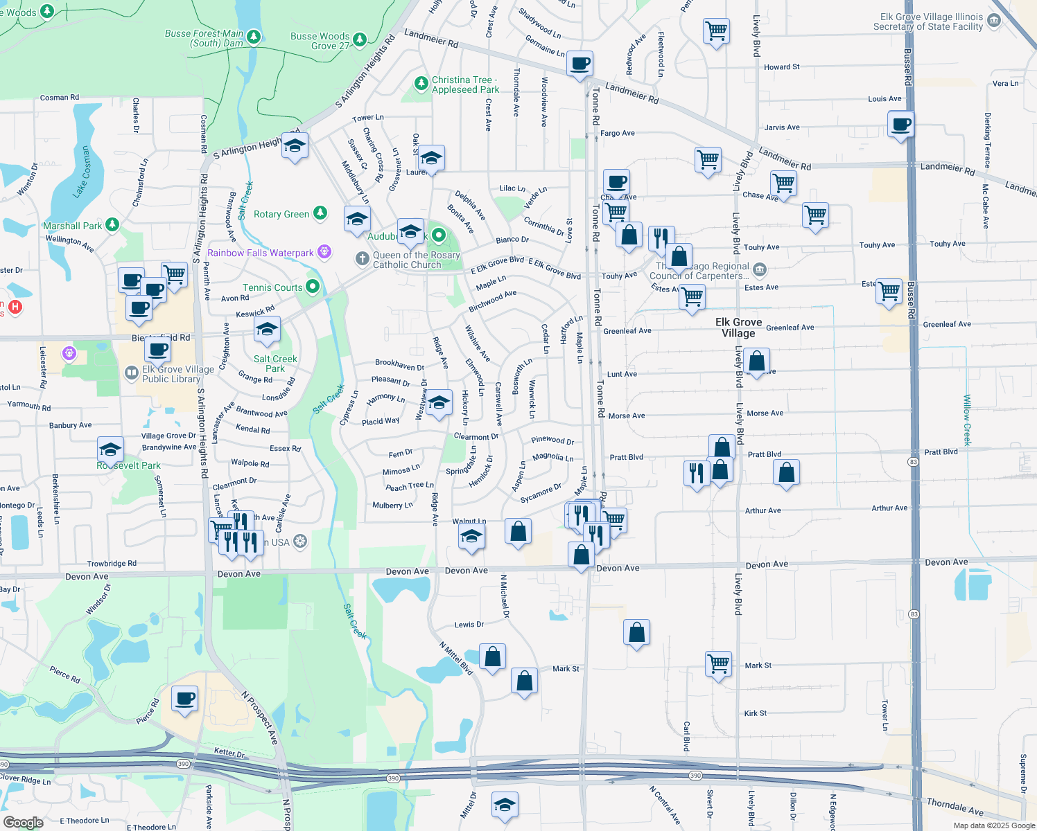 map of restaurants, bars, coffee shops, grocery stores, and more near 1193 Bosworth Lane in Elk Grove Village