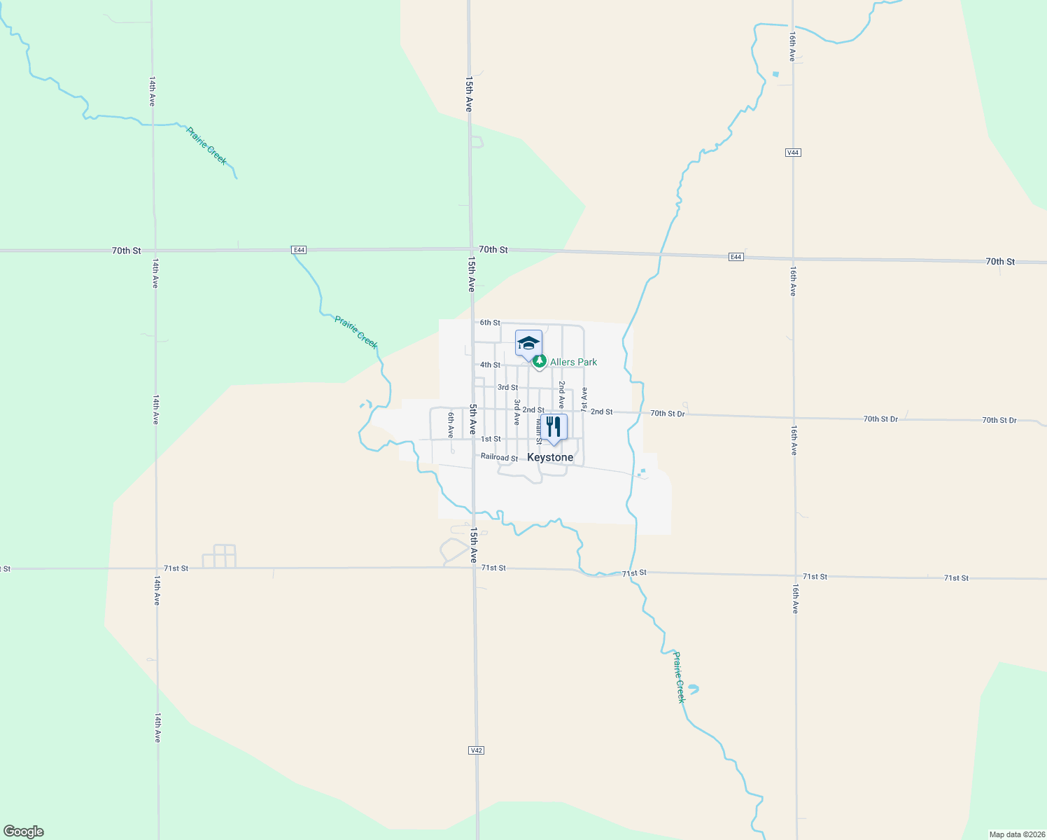 map of restaurants, bars, coffee shops, grocery stores, and more near 108 3rd Avenue in Keystone