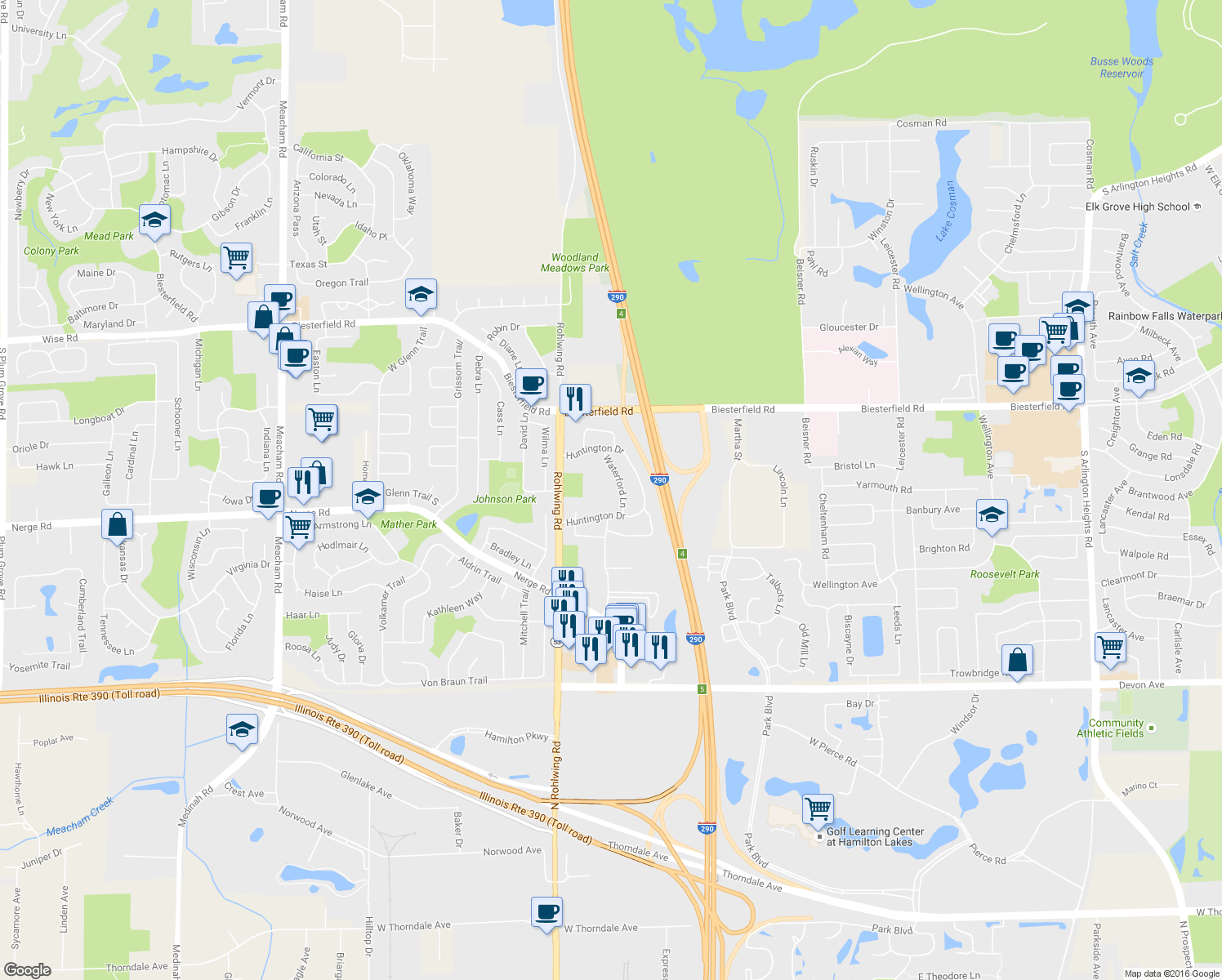 map of restaurants, bars, coffee shops, grocery stores, and more near 906 Waterford Lane in Elk Grove Village