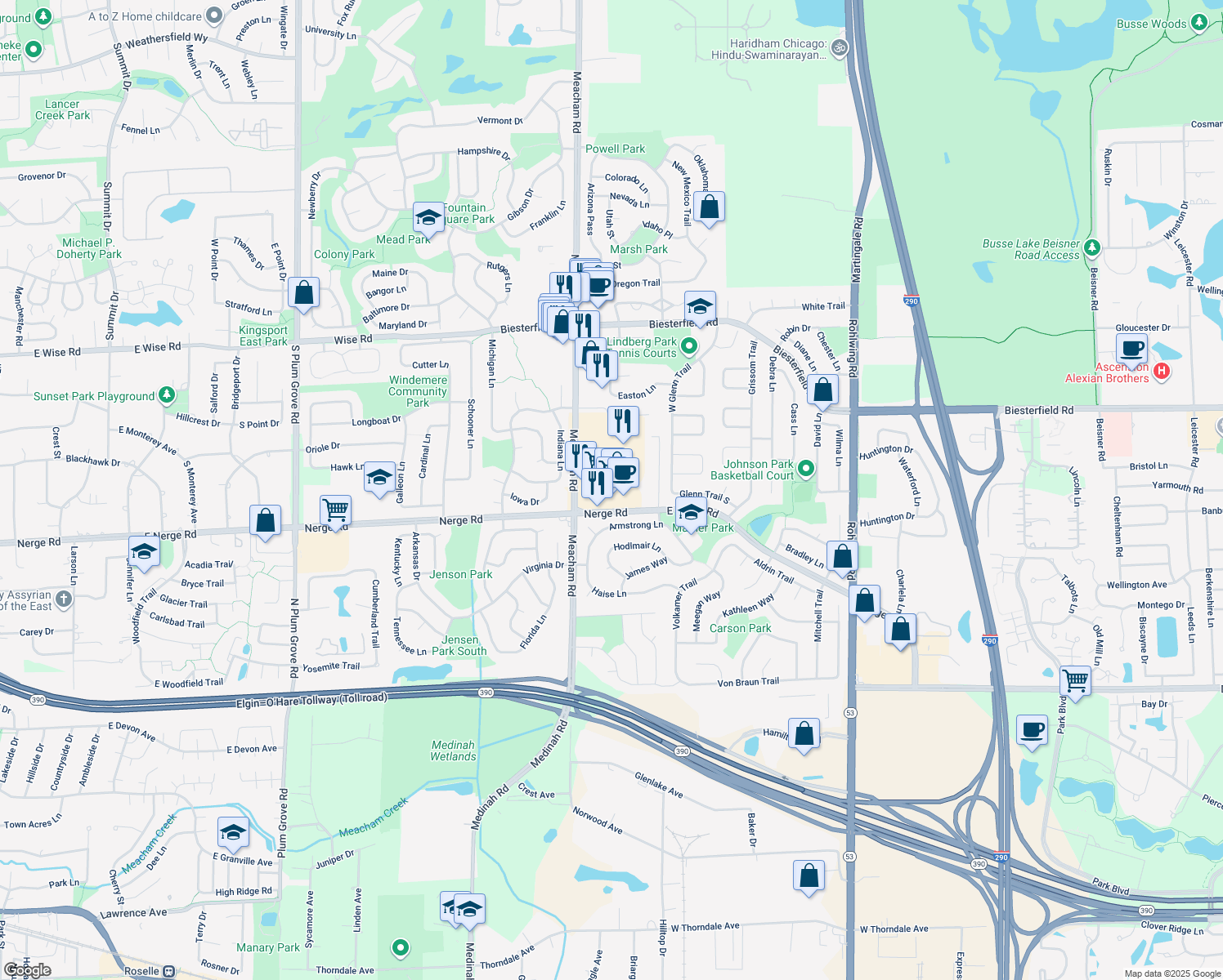 map of restaurants, bars, coffee shops, grocery stores, and more near 901 Meacham Rd in Elk Grove Village