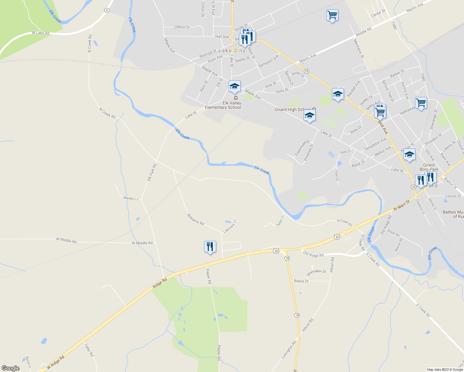 map of restaurants, bars, coffee shops, grocery stores, and more near 3620 N Creek Rd in Girard