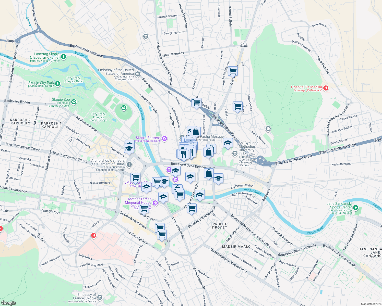 map of restaurants, bars, coffee shops, grocery stores, and more near Arhiepiskop Angelarij in Skopje