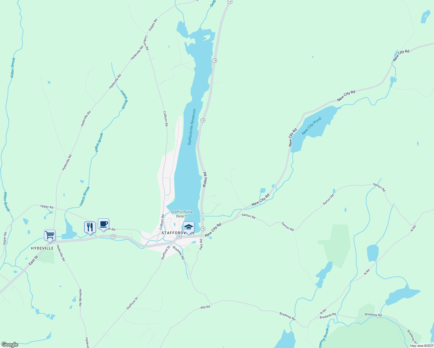map of restaurants, bars, coffee shops, grocery stores, and more near 25 Wales Road in Stafford