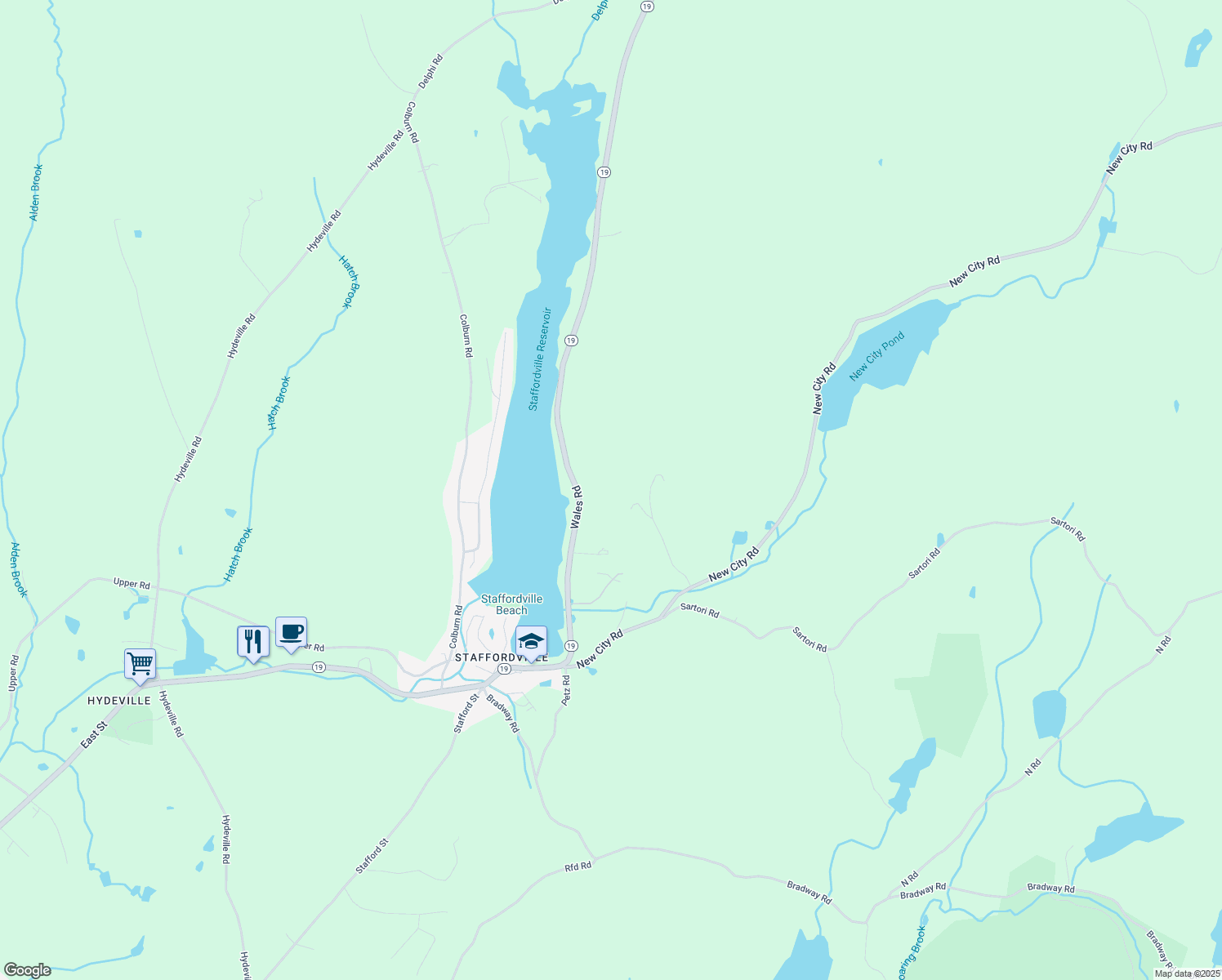 map of restaurants, bars, coffee shops, grocery stores, and more near 25 Wales Road in Stafford