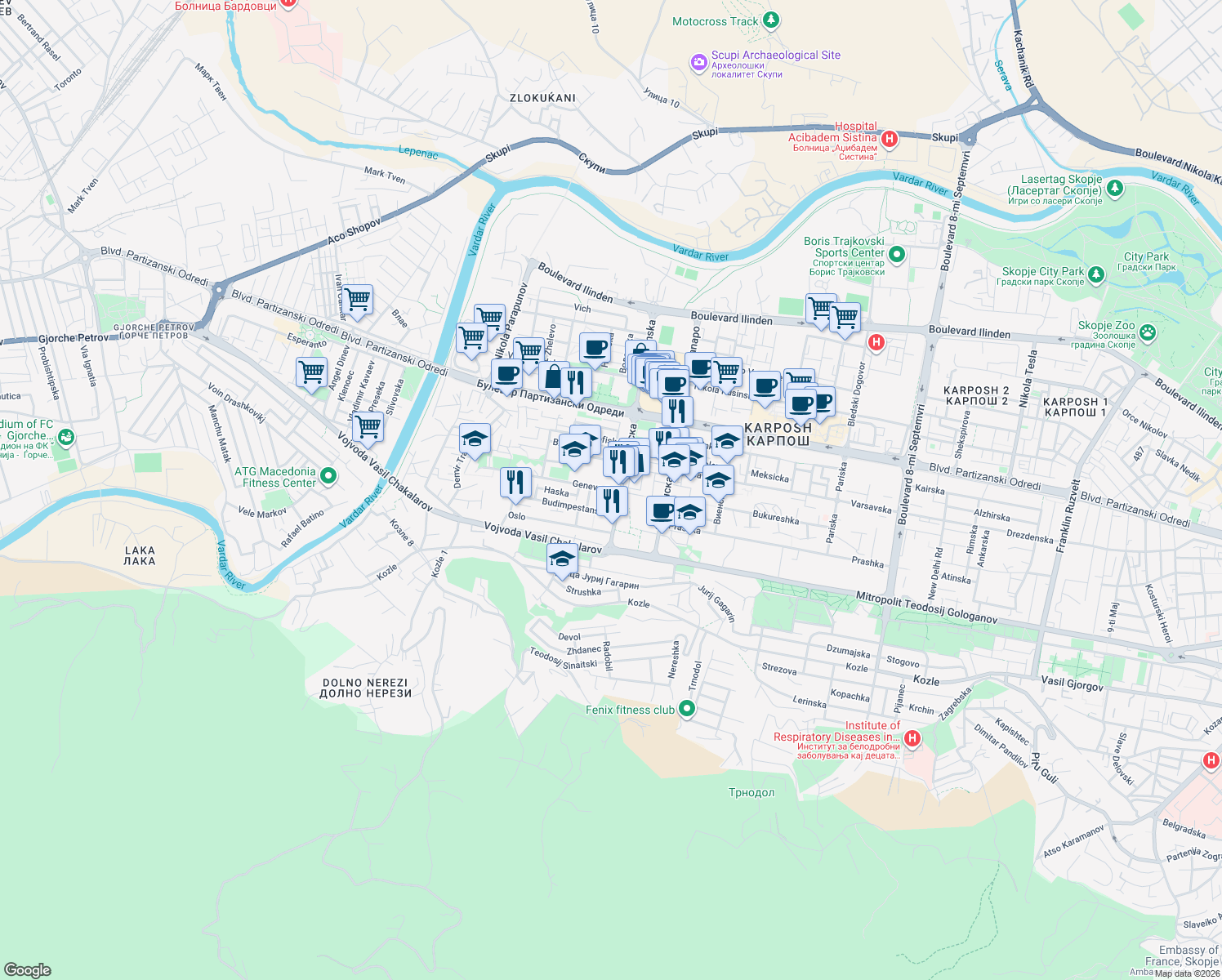 map of restaurants, bars, coffee shops, grocery stores, and more near Zenevska in Skopje