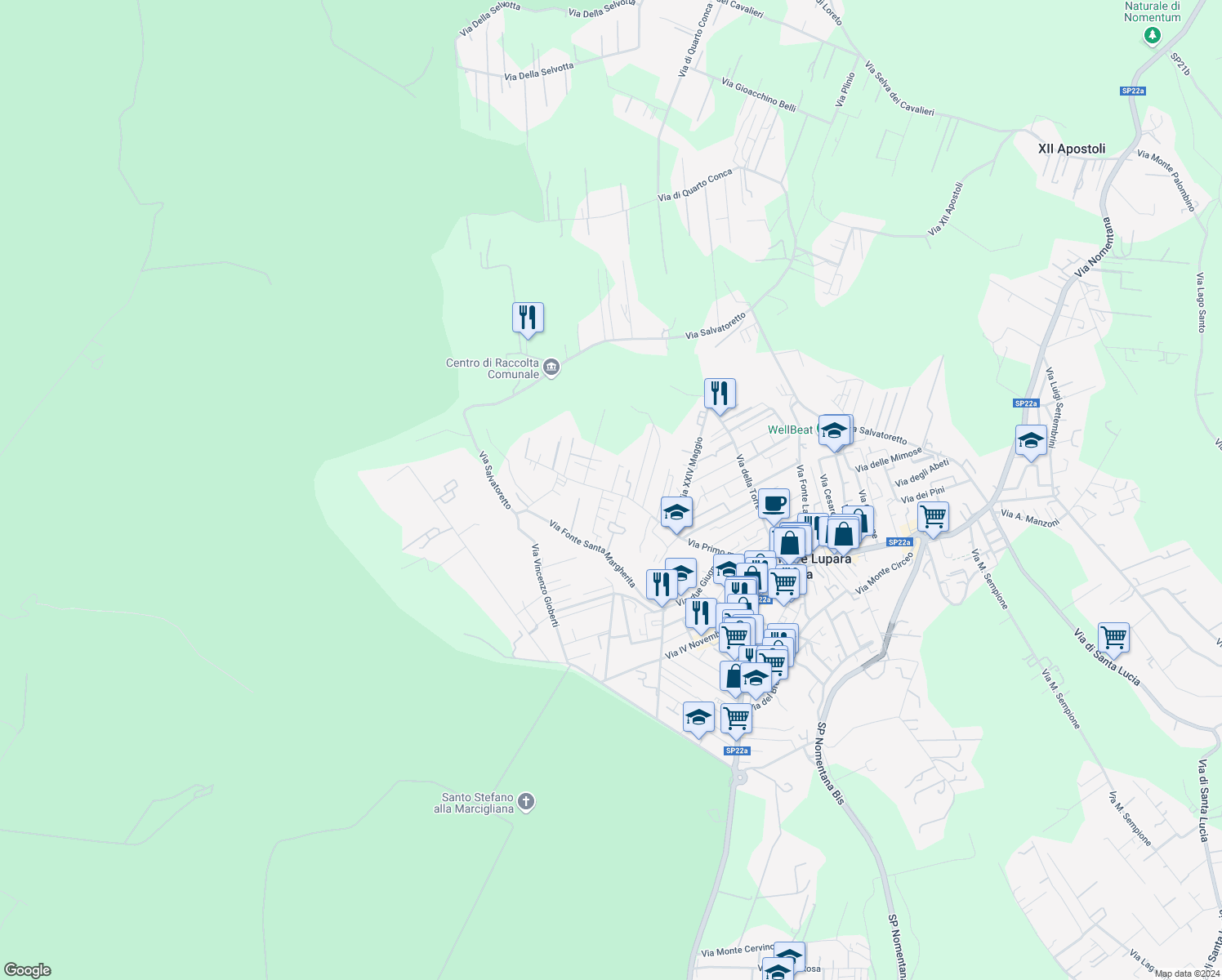 map of restaurants, bars, coffee shops, grocery stores, and more near 152 Via Primo maggio in Tor Lupara