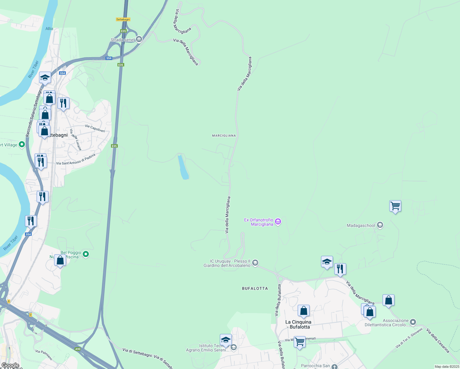map of restaurants, bars, coffee shops, grocery stores, and more near 901 Via della Marcigliana in Roma