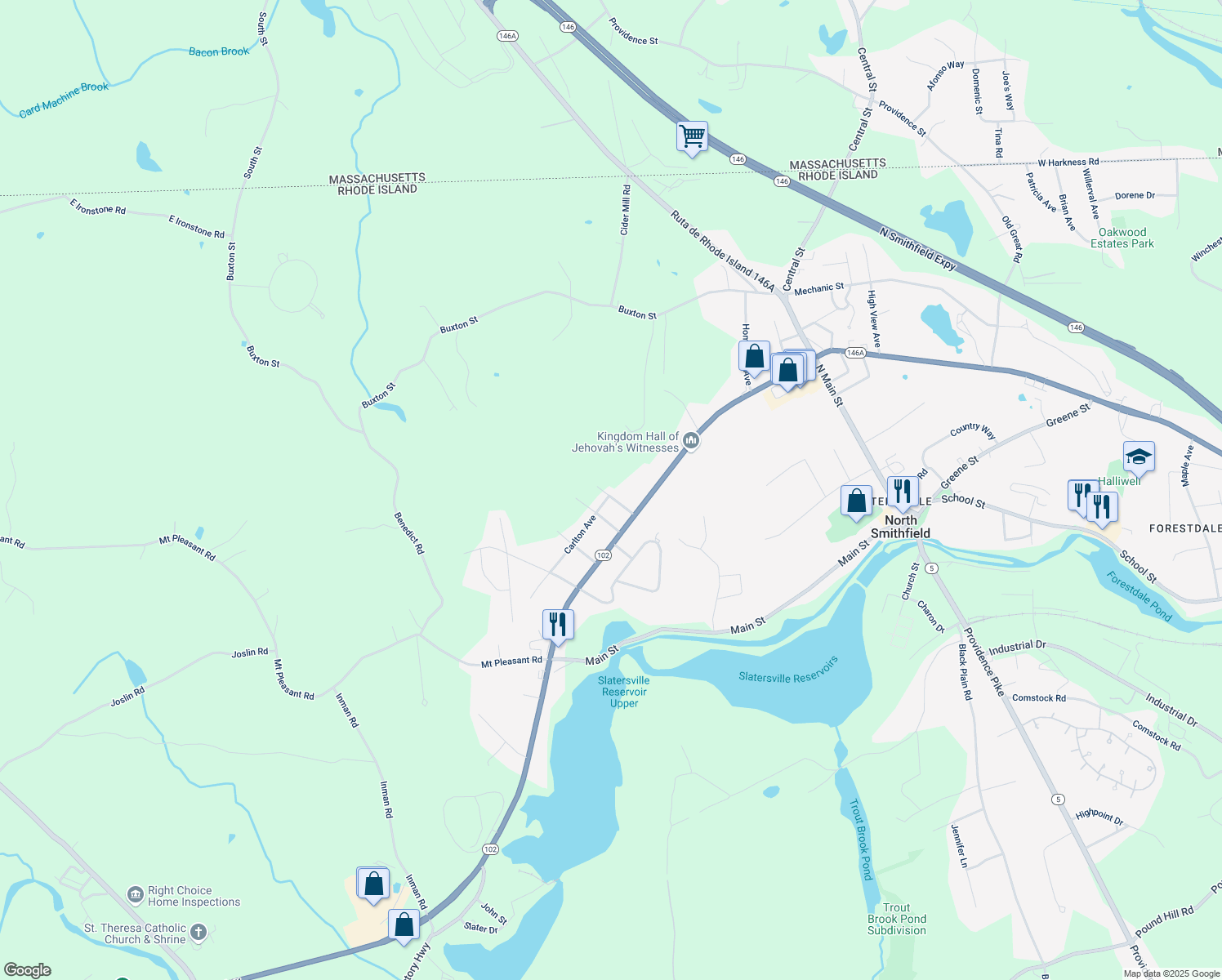 map of restaurants, bars, coffee shops, grocery stores, and more near 45 Belcher Avenue in North Smithfield