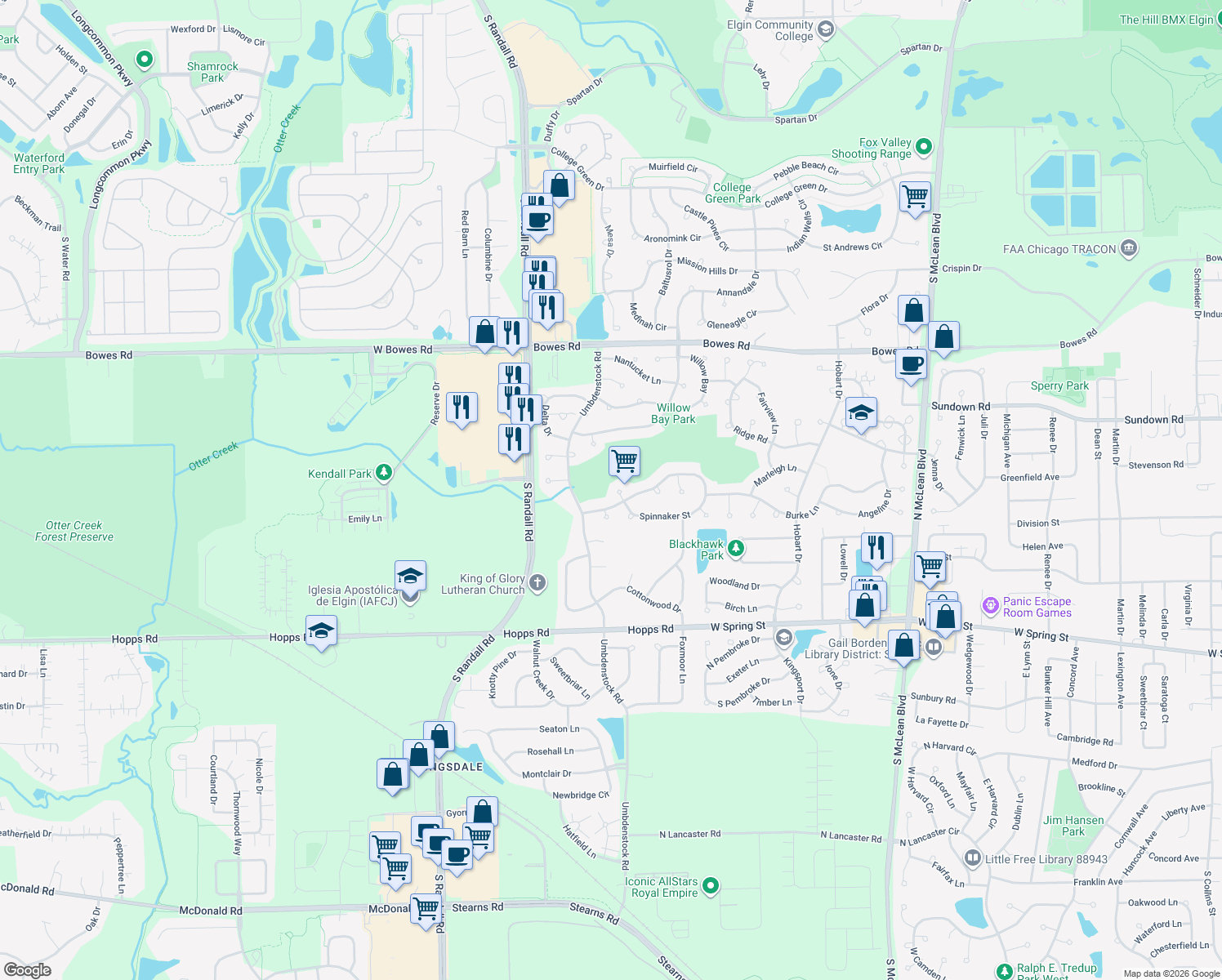 map of restaurants, bars, coffee shops, grocery stores, and more near 1208 Bristol Bay in Elgin