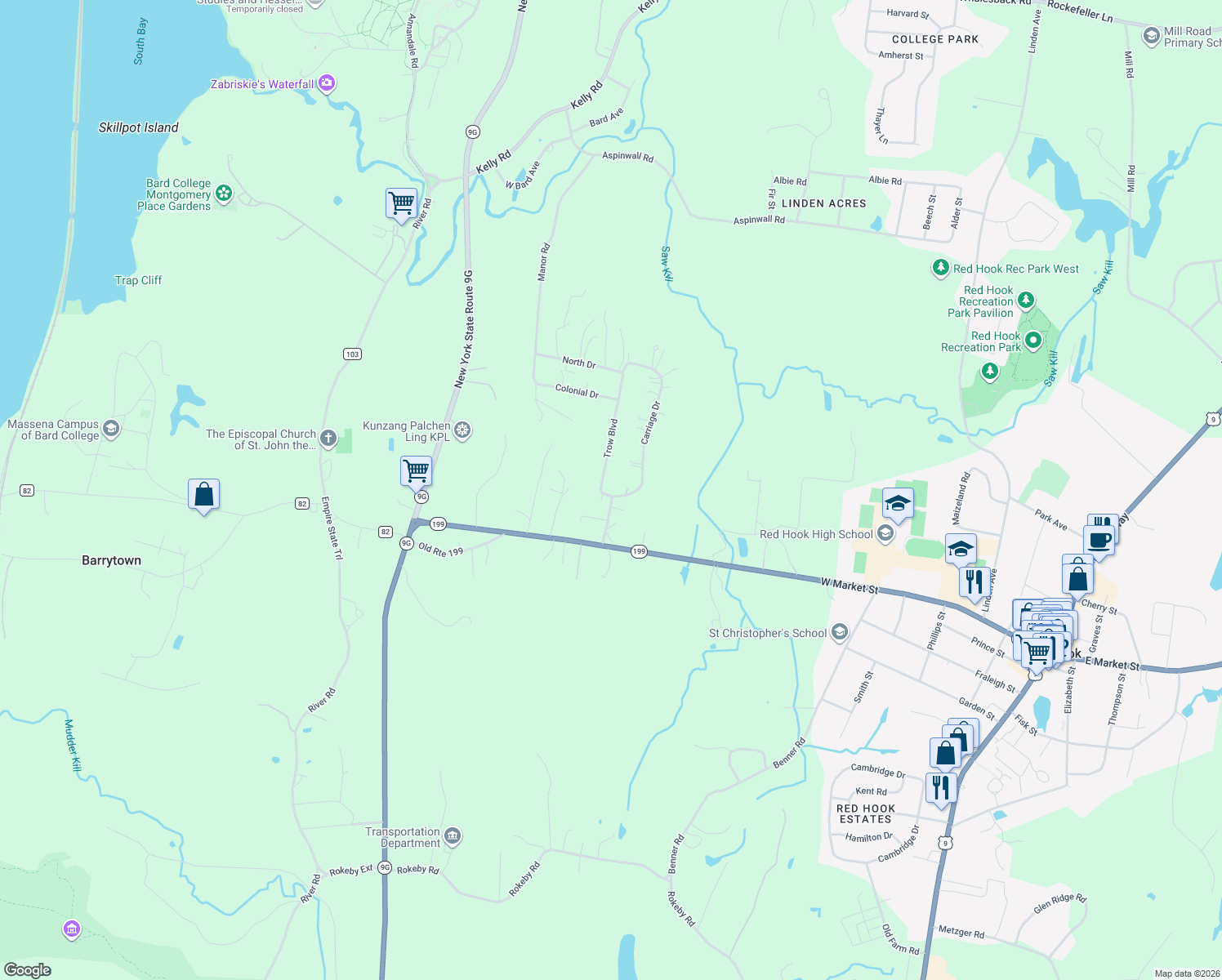 map of restaurants, bars, coffee shops, grocery stores, and more near 1 Trow Blvd in Red Hook