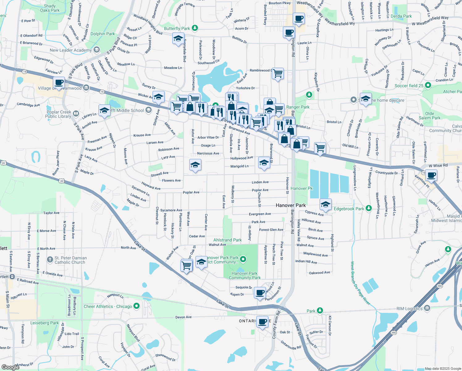 map of restaurants, bars, coffee shops, grocery stores, and more near 7120 Mulberry Street in Hanover Park
