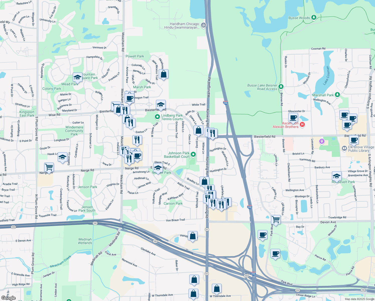 map of restaurants, bars, coffee shops, grocery stores, and more near 944 Cass Lane in Elk Grove Village