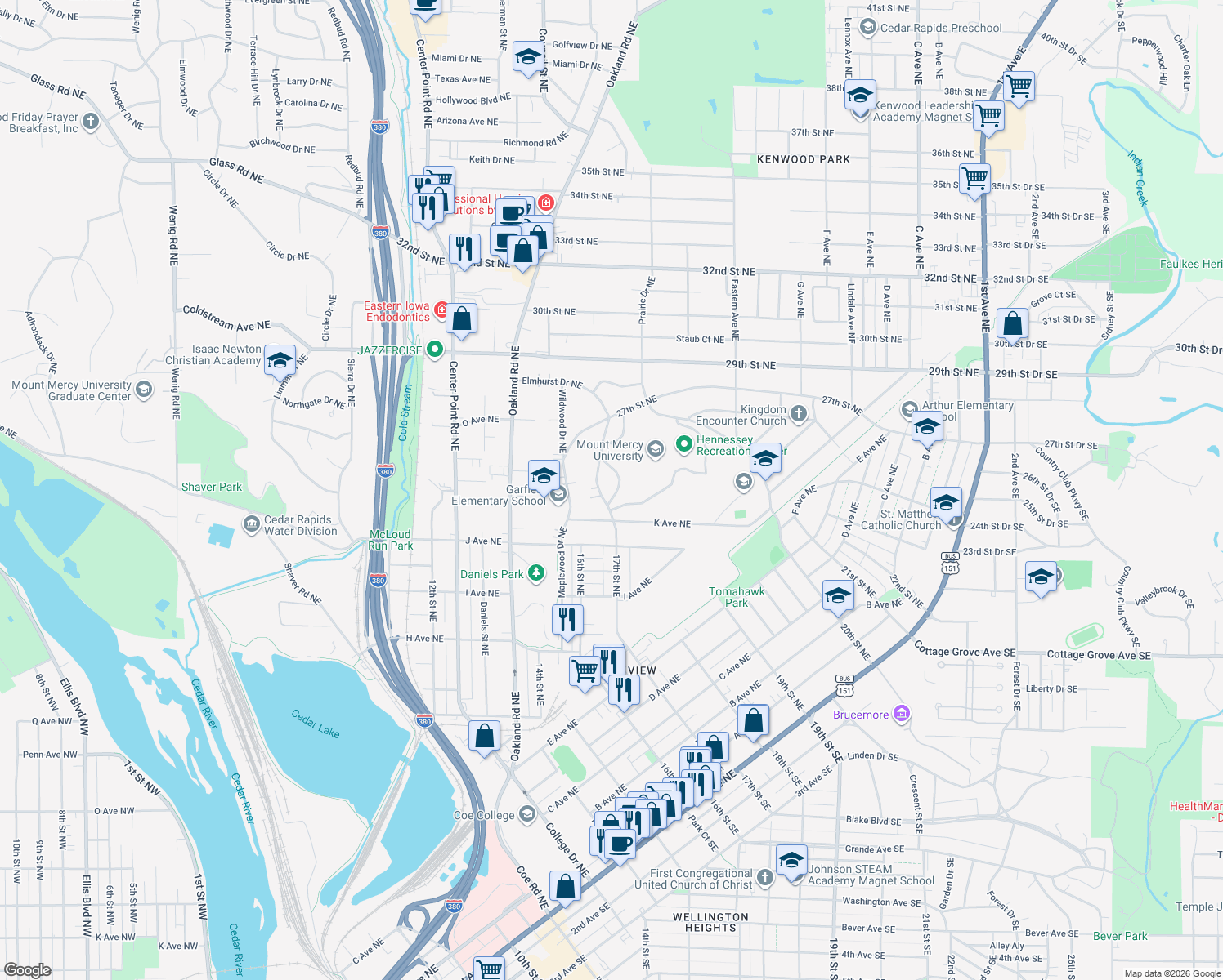map of restaurants, bars, coffee shops, grocery stores, and more near 1241 Hazel Dr NE in Cedar Rapids