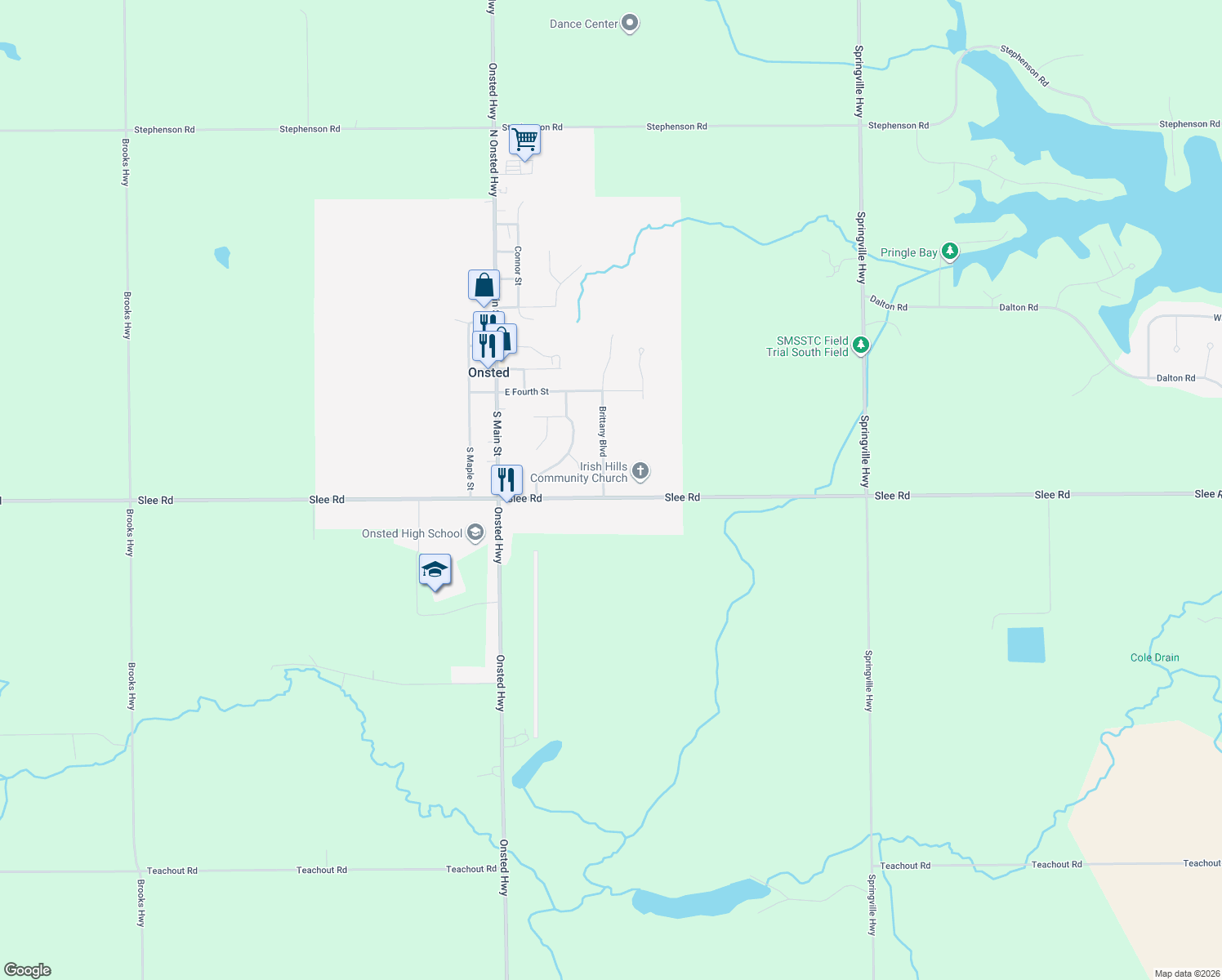 map of restaurants, bars, coffee shops, grocery stores, and more near 267 Brittany Boulevard in Onsted