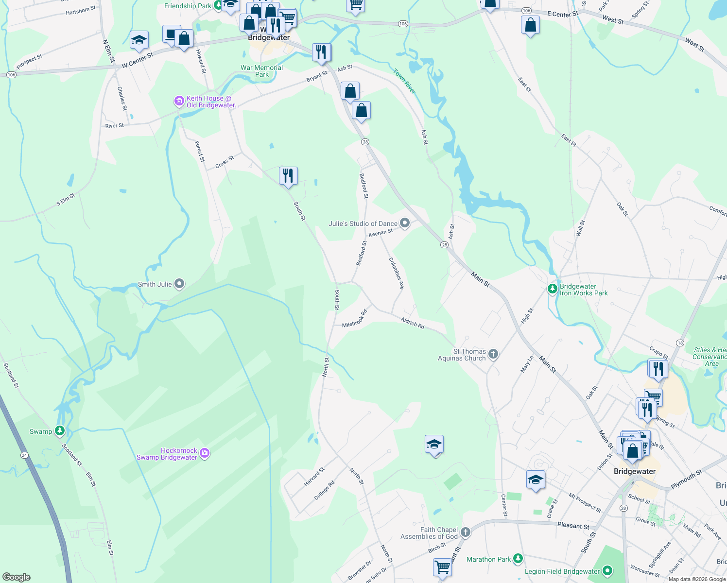 map of restaurants, bars, coffee shops, grocery stores, and more near 14 Aldrich Road in West Bridgewater