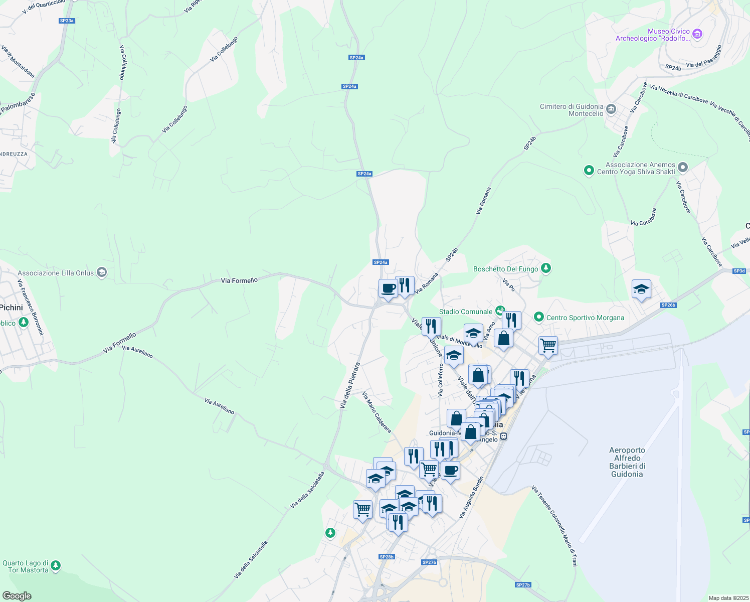 map of restaurants, bars, coffee shops, grocery stores, and more near 12 Via del Lavoro in Guidonia Montecelio