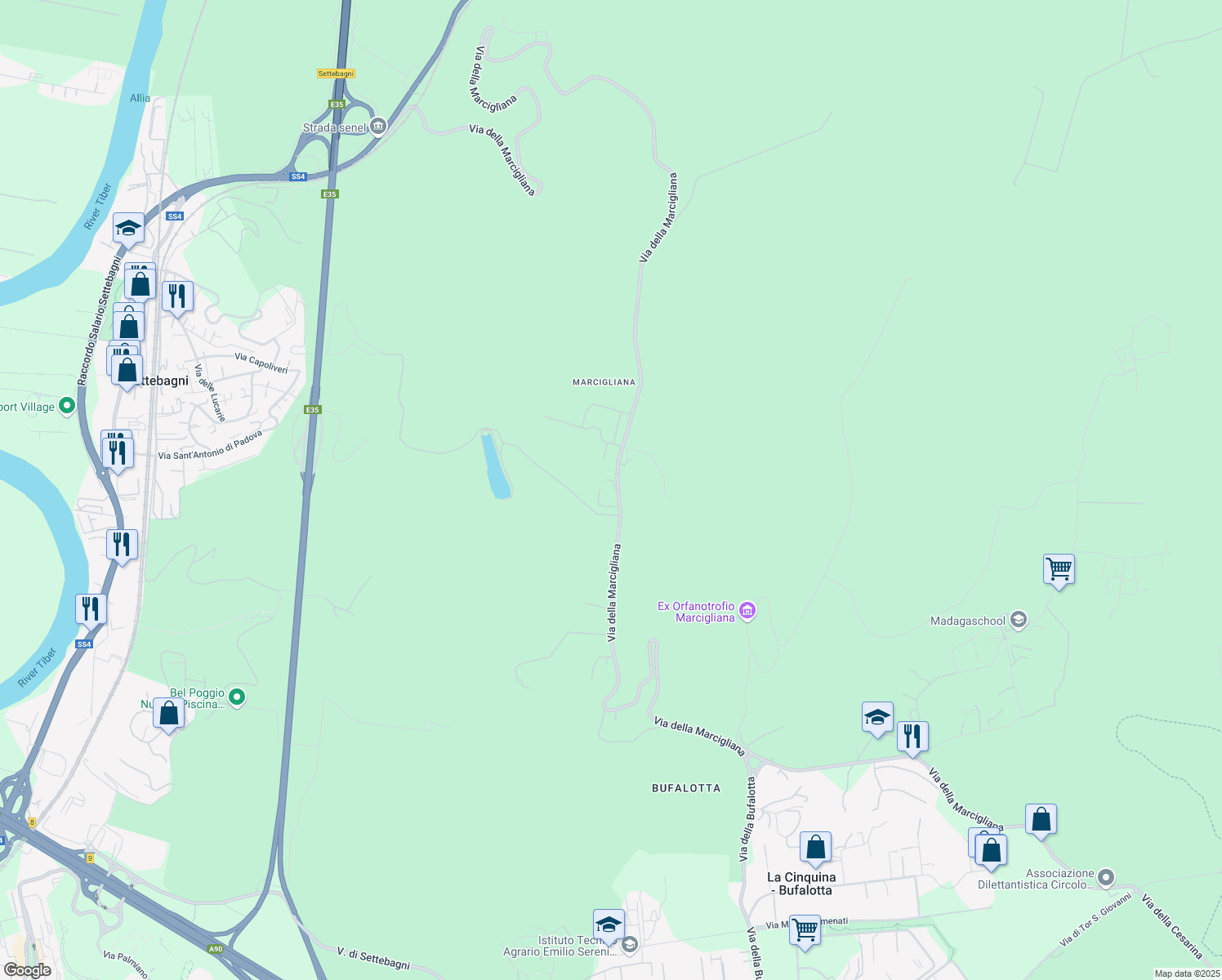 map of restaurants, bars, coffee shops, grocery stores, and more near 901 Via della Marcigliana in Roma
