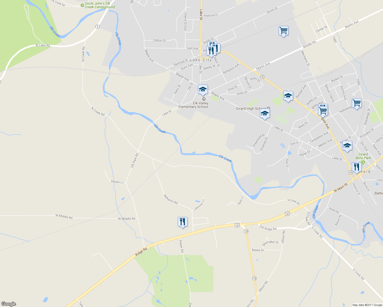 map of restaurants, bars, coffee shops, grocery stores, and more near 3481 North Creek Road in Girard