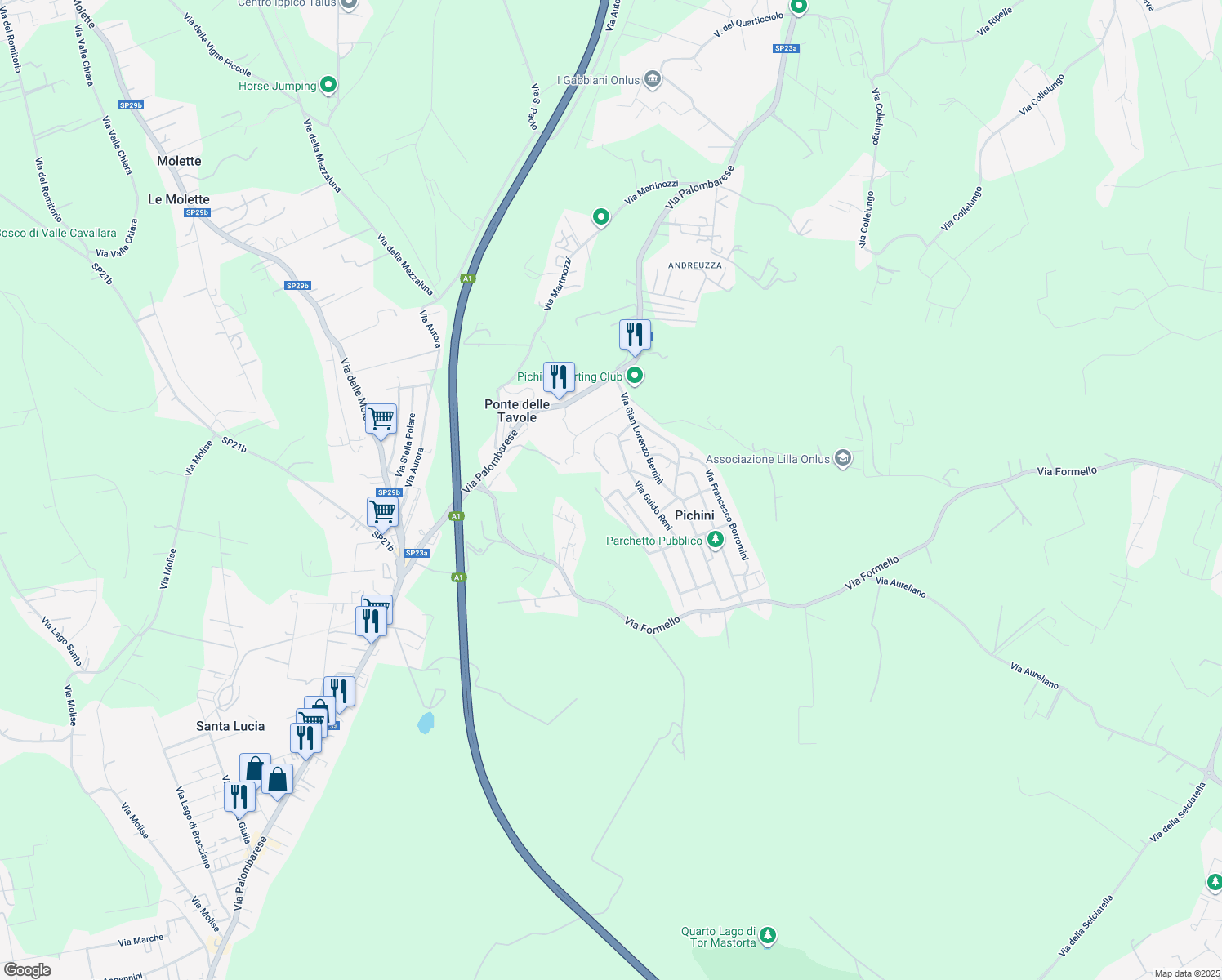 map of restaurants, bars, coffee shops, grocery stores, and more near 4 Via Amedeo Modigliani in Pichini