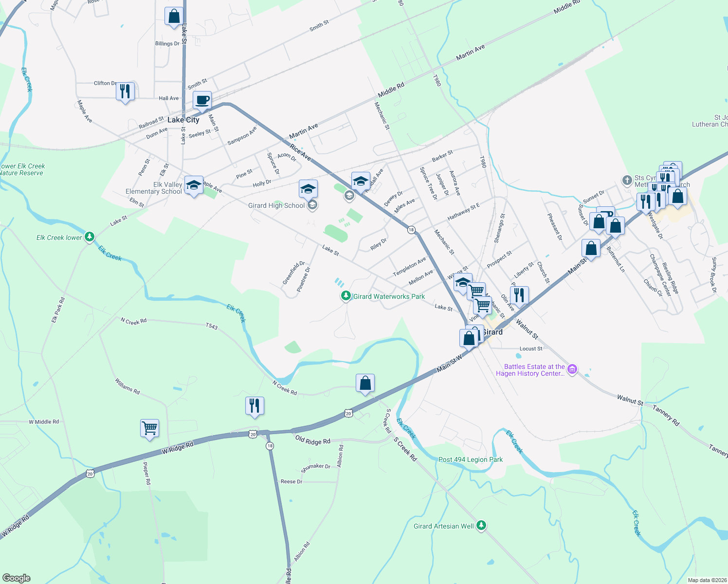 map of restaurants, bars, coffee shops, grocery stores, and more near 541 Kibler Dr in Girard