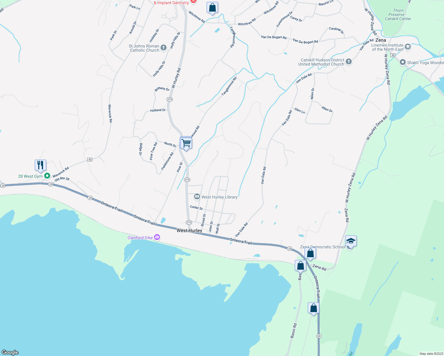 map of restaurants, bars, coffee shops, grocery stores, and more near 98 John St in West Hurley