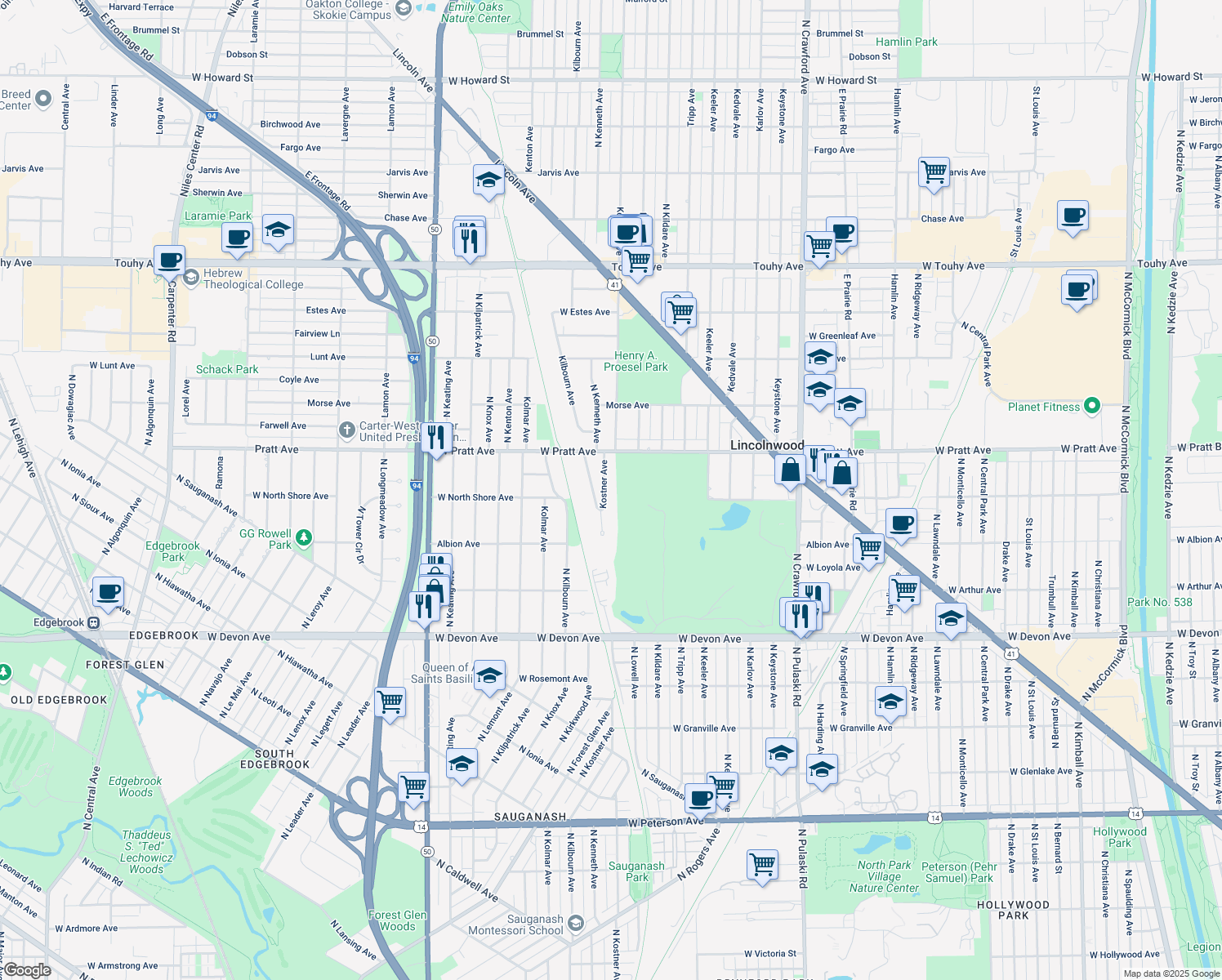 map of restaurants, bars, coffee shops, grocery stores, and more near 6645 North Kostner Avenue in Lincolnwood
