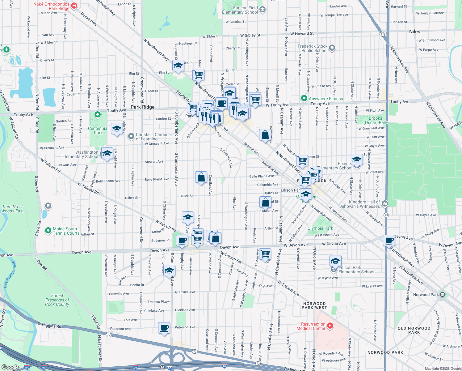 map of restaurants, bars, coffee shops, grocery stores, and more near 620 Vine Avenue in Park Ridge