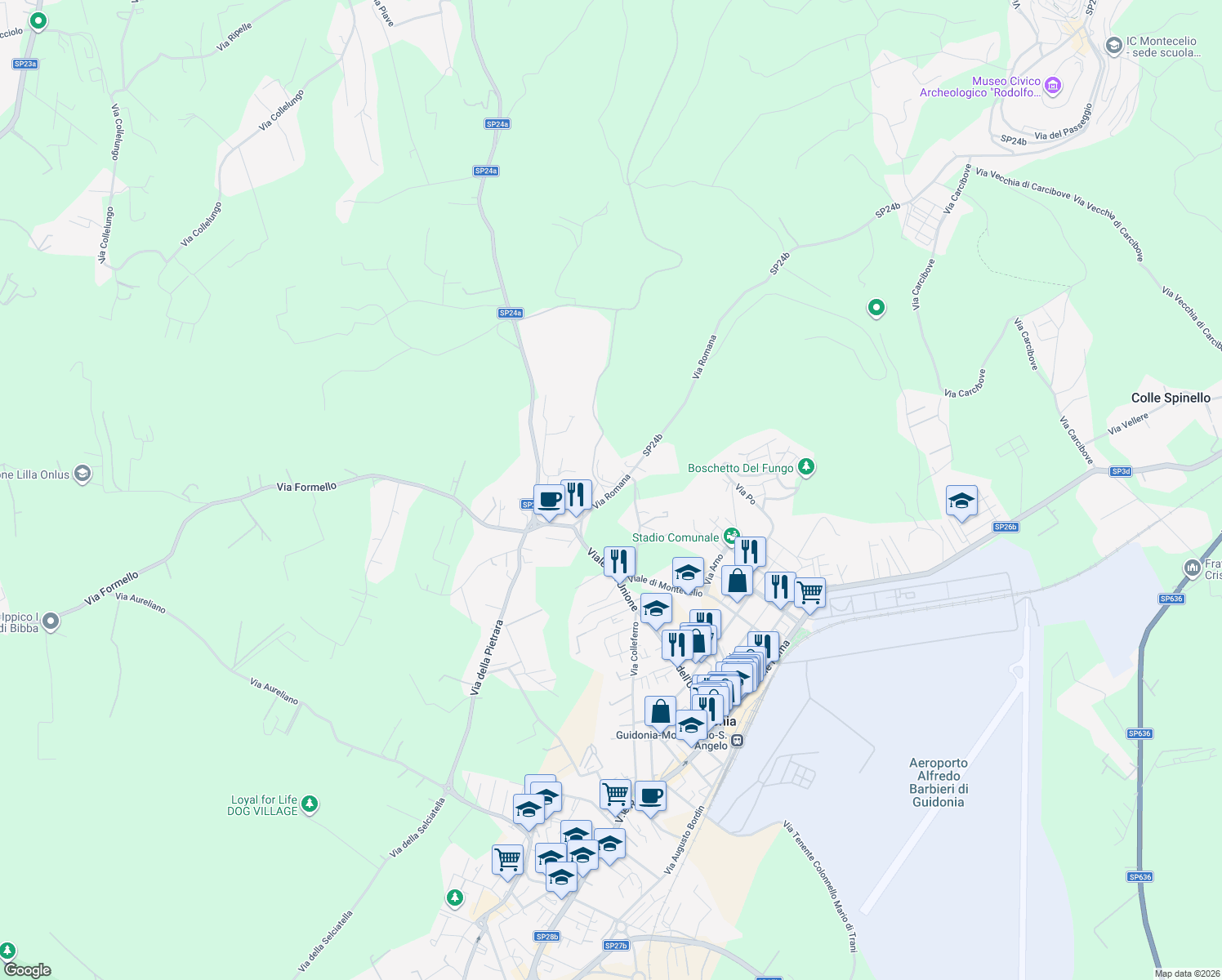 map of restaurants, bars, coffee shops, grocery stores, and more near 26 Via San Luigi Gonzaga in Guidonia