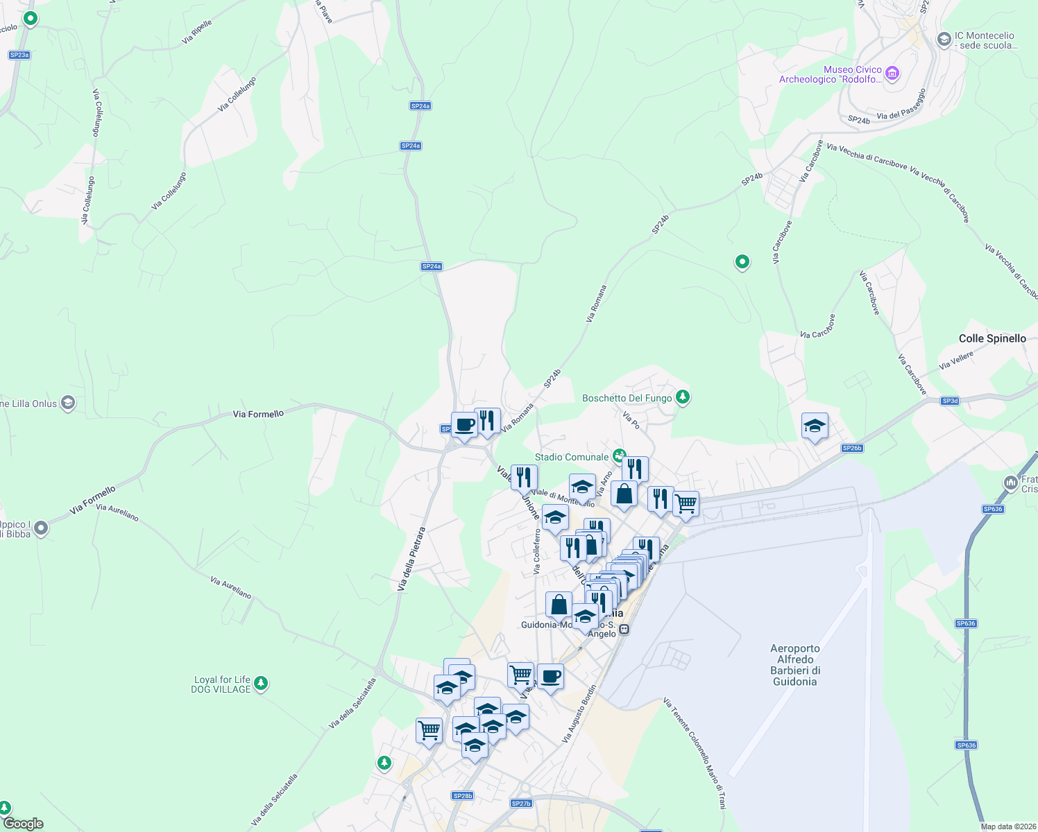 map of restaurants, bars, coffee shops, grocery stores, and more near 26 Via San Luigi Gonzaga in Guidonia Montecelio