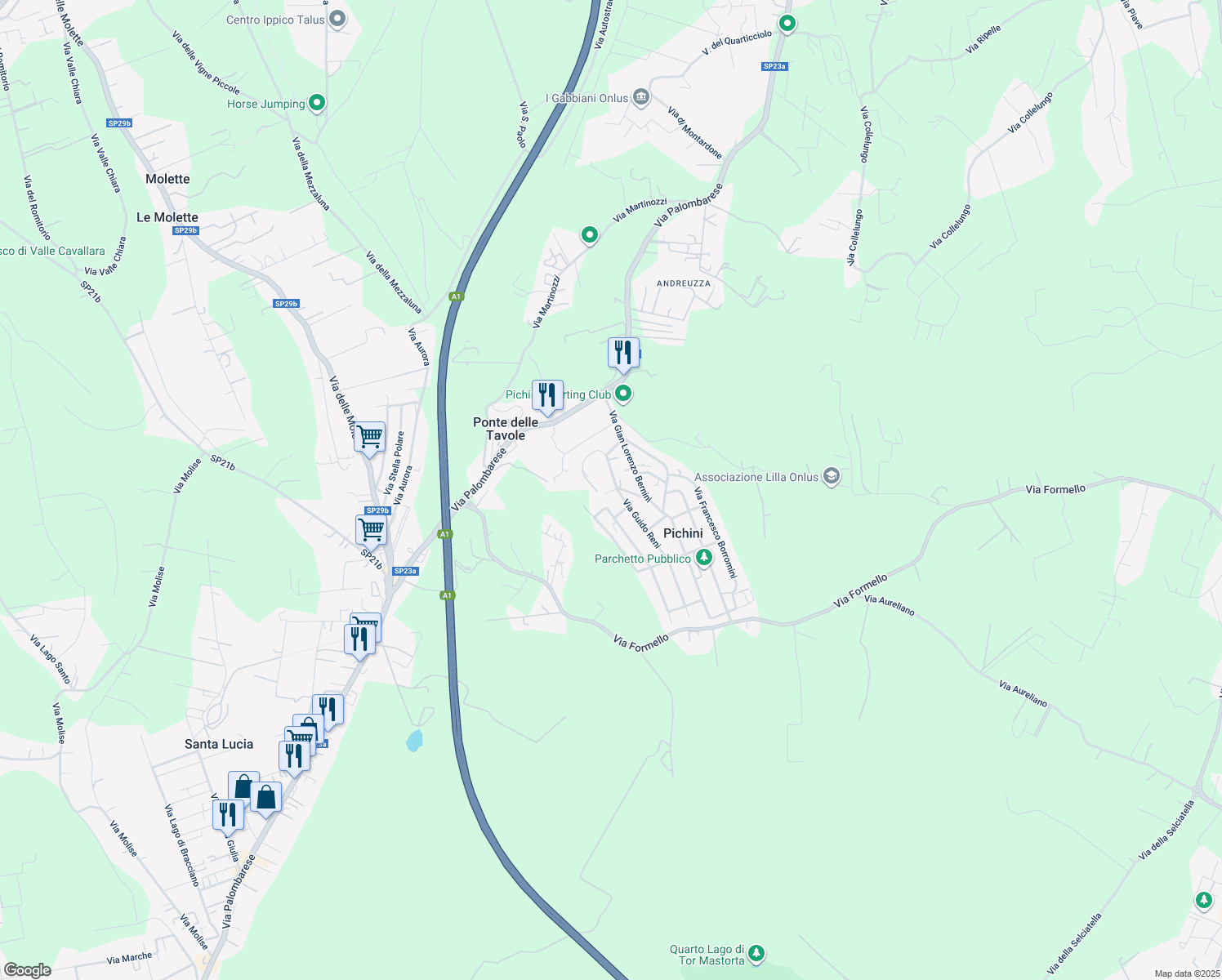 map of restaurants, bars, coffee shops, grocery stores, and more near 4 Via Amedeo Modigliani in Pichini