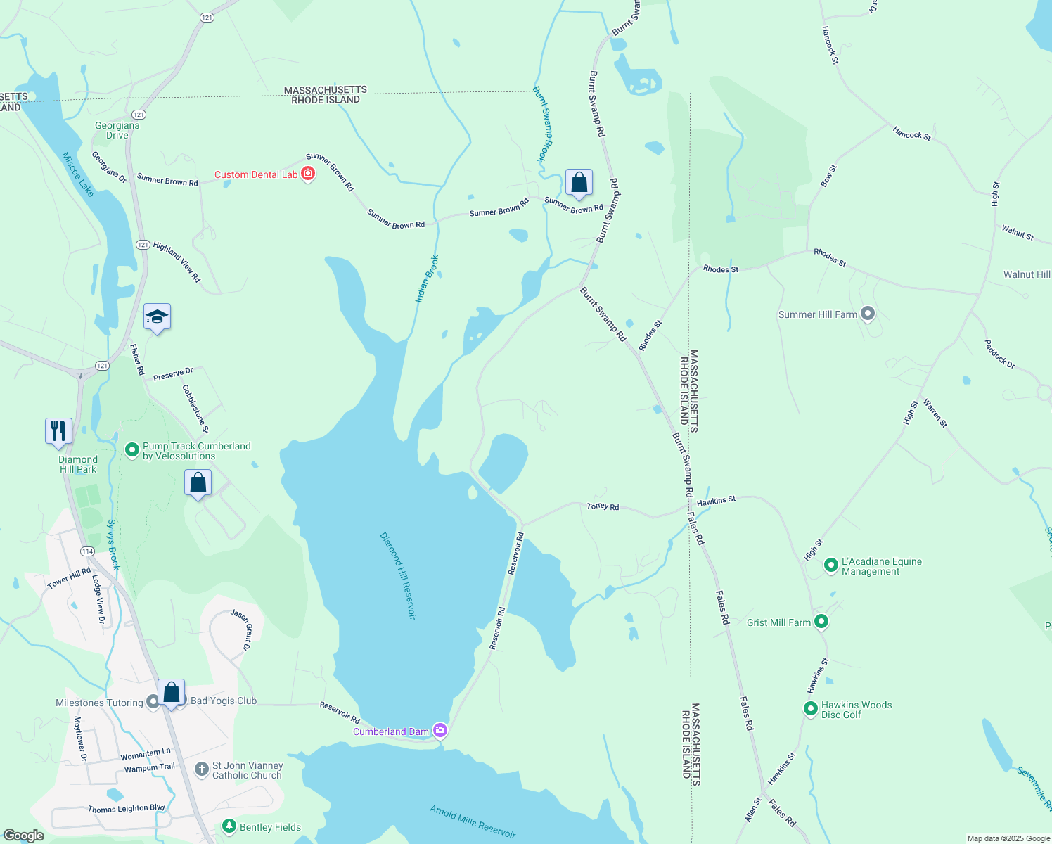 map of restaurants, bars, coffee shops, grocery stores, and more near 397 Reservoir Road in Cumberland