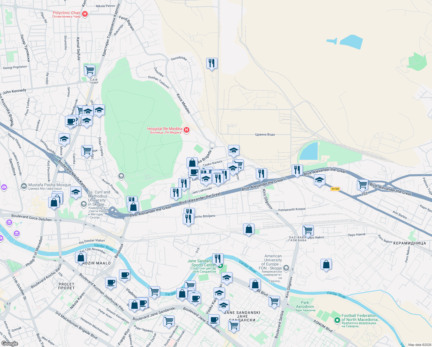 map of restaurants, bars, coffee shops, grocery stores, and more near Lazar Pop Trajkov in Skopje