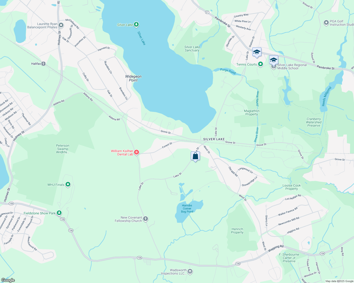 map of restaurants, bars, coffee shops, grocery stores, and more near 46 Forest Street in Plympton
