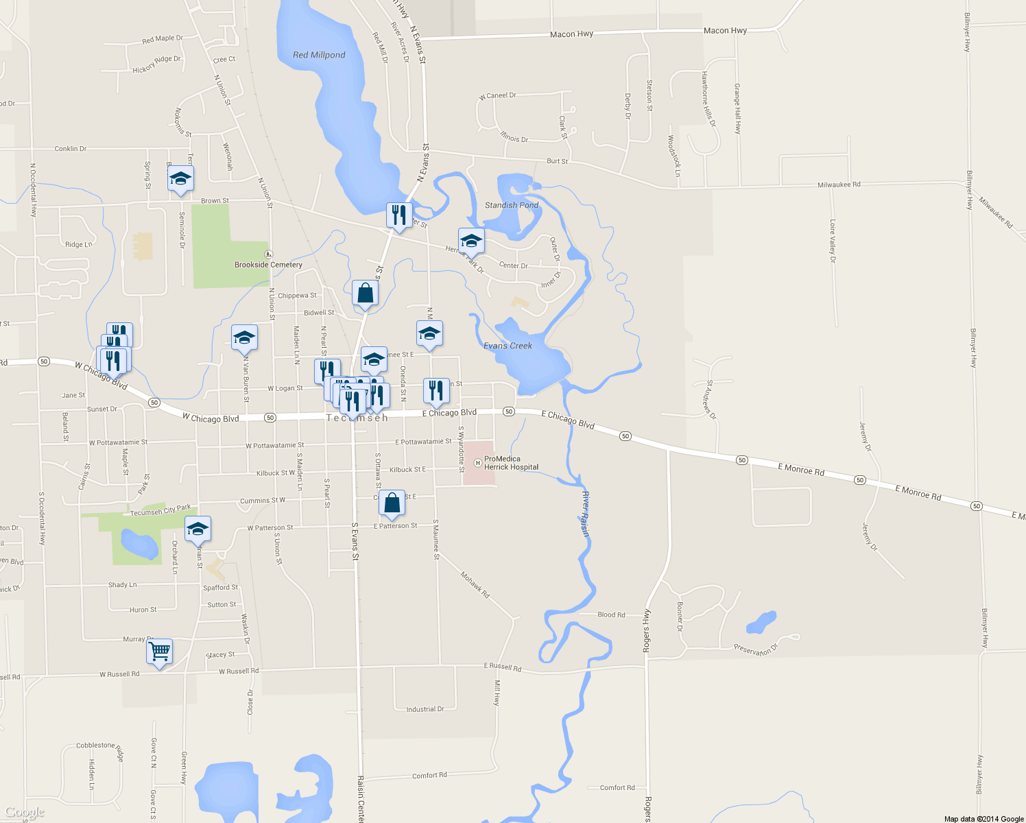 map of restaurants, bars, coffee shops, grocery stores, and more near 702 East Chicago Boulevard in Tecumseh