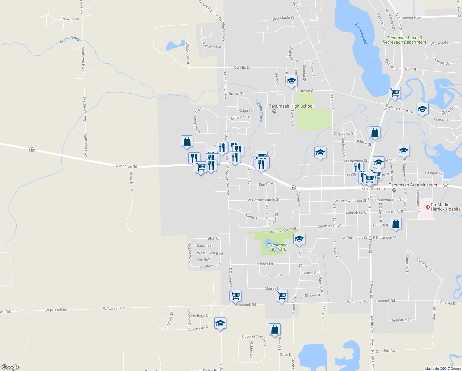 map of restaurants, bars, coffee shops, grocery stores, and more near 1205 Sunset Drive in Tecumseh