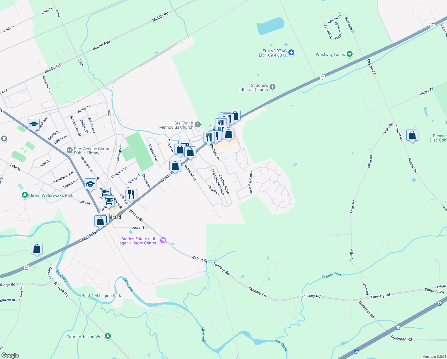 map of restaurants, bars, coffee shops, grocery stores, and more near 5377 Riesling Ridge in Girard