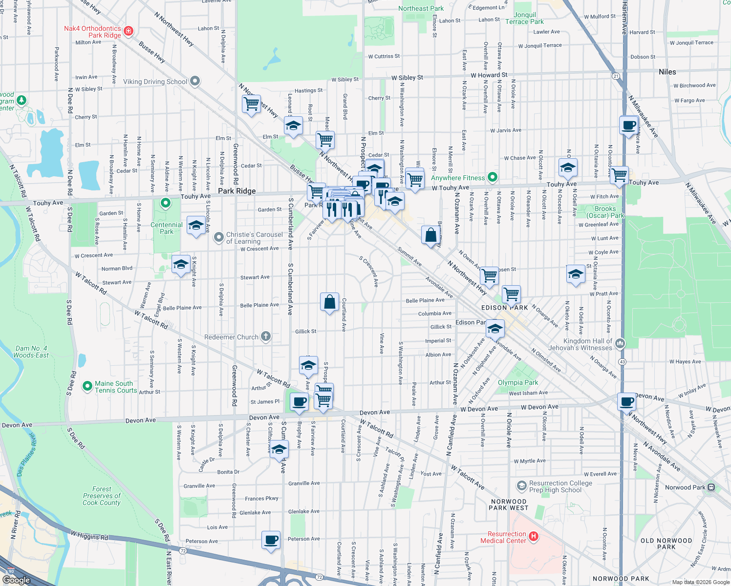 map of restaurants, bars, coffee shops, grocery stores, and more near 438 Stewart Avenue in Park Ridge