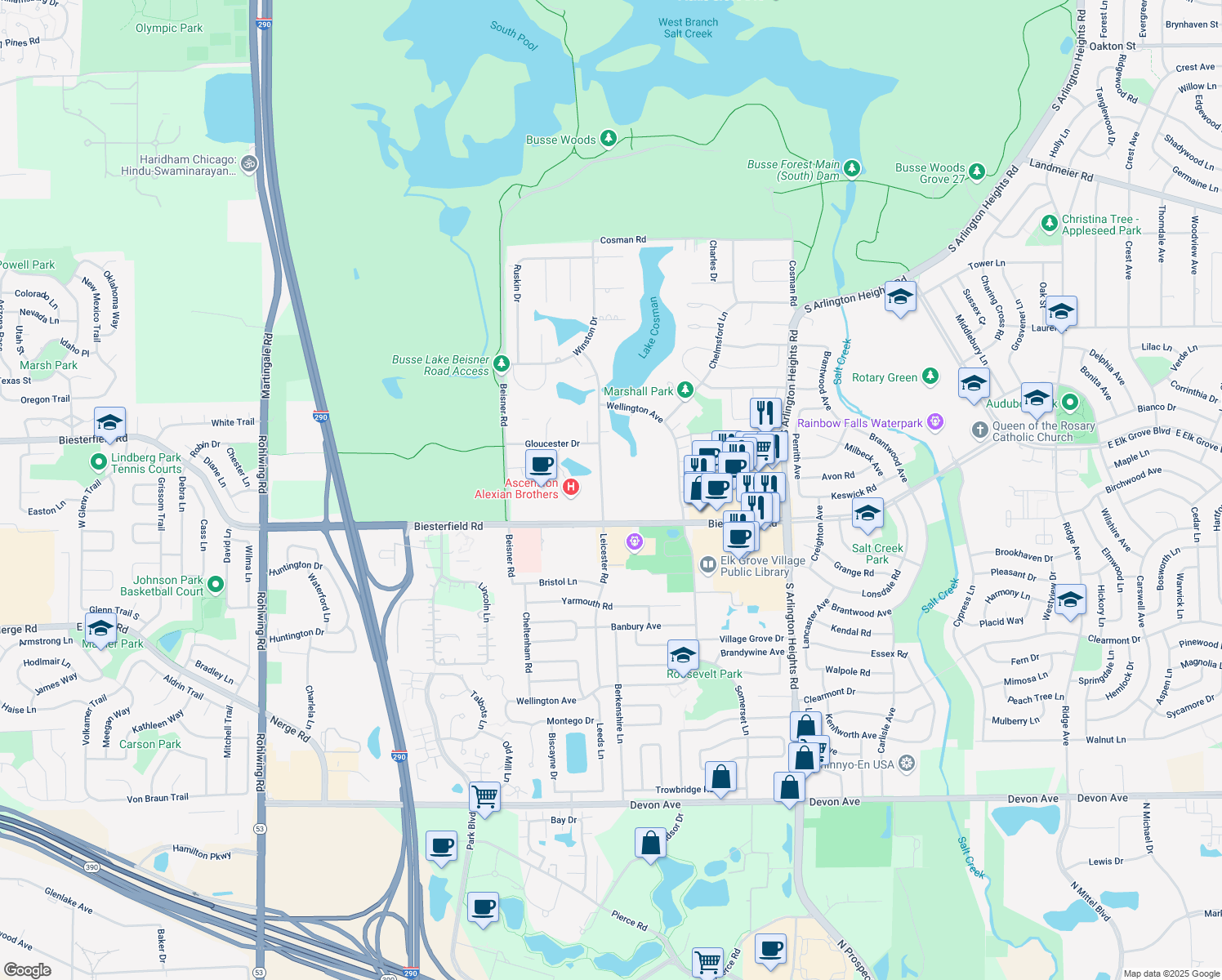 map of restaurants, bars, coffee shops, grocery stores, and more near 540 Biesterfield Road in Elk Grove Village
