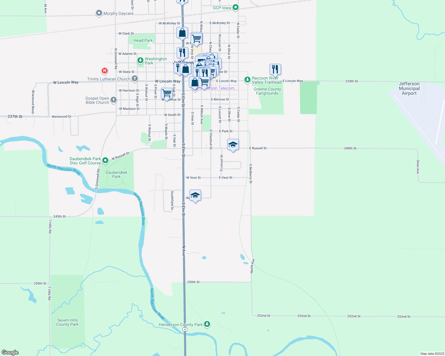 map of restaurants, bars, coffee shops, grocery stores, and more near 309 East Vest Street in Jefferson