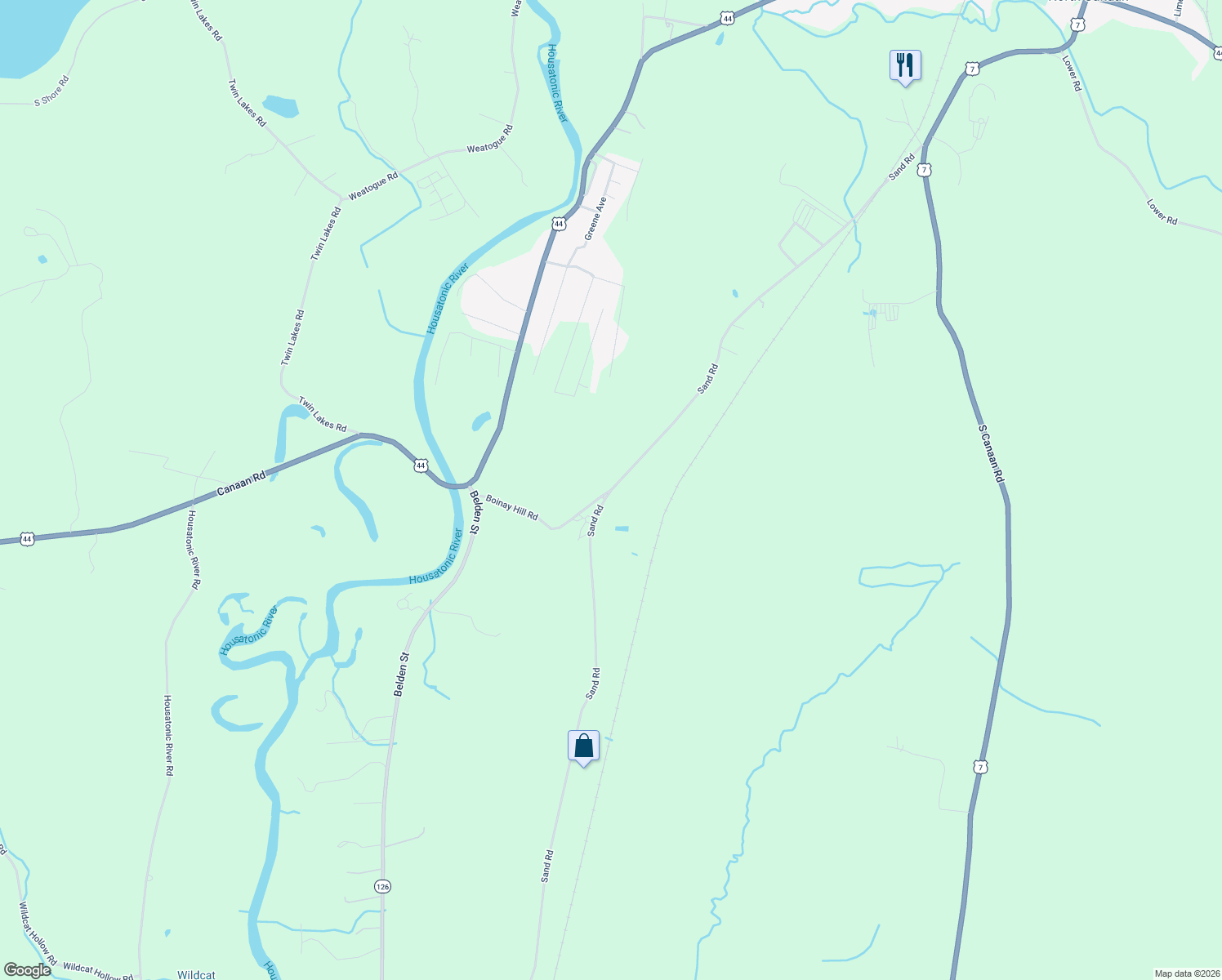map of restaurants, bars, coffee shops, grocery stores, and more near 180 Sand Road in Canaan